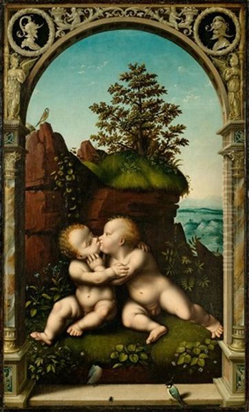 Christus Und Johannes Als Kinder, Einander Umarmend by Joos Van Cleve