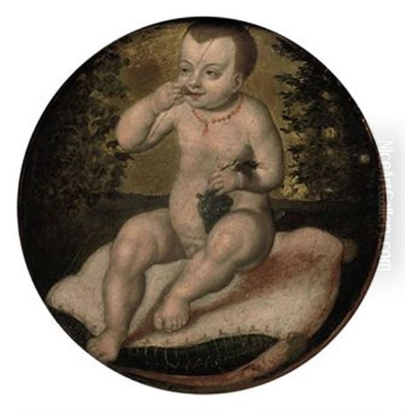 The Infant Christ, Seated On A Red Velvet Cushion, Eating Grapes Oil Painting by Joos Van Cleve