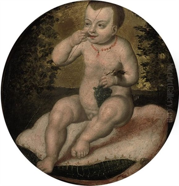 The Infant Christ, Seated On A Red Velvet Cushion, Eating Grapes Oil Painting by Joos Van Cleve