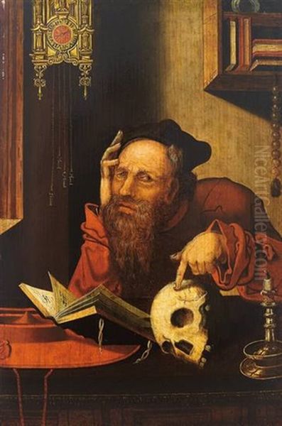 Der Hl. Hieronymus Im Gehause Zeigt Mit Der Linken Hand Auf Memento Mori Oil Painting by Joos Van Cleve