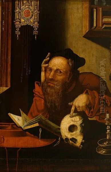 Der Hl. Hieronymus Im Gehause Zeigt Mit Der Linken Hand Auf Memento Mori Oil Painting by Joos Van Cleve