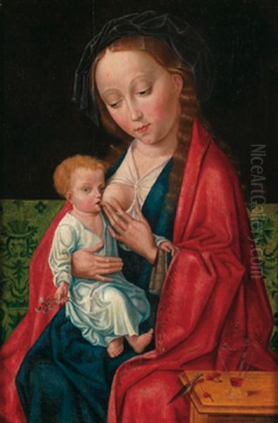 Madonna Dem Kind Die Brust Reichend, Neben Ihr Ein Tisch Mit Kirschen, Einem Weinglas Und Einem Messer Oil Painting by Joos Van Cleve