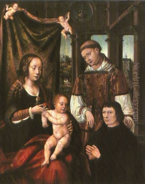 Die Mutter Gottes Mit Dem Jesusknaben, Dem Heiligen Laurentius Und Einer Mannlichen Stifterfigur Oil Painting by Joos Van Cleve