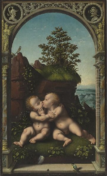 The Infant Christ And Saint John The Baptist As Children Embracing In A Landscape Oil Painting by Joos Van Cleve