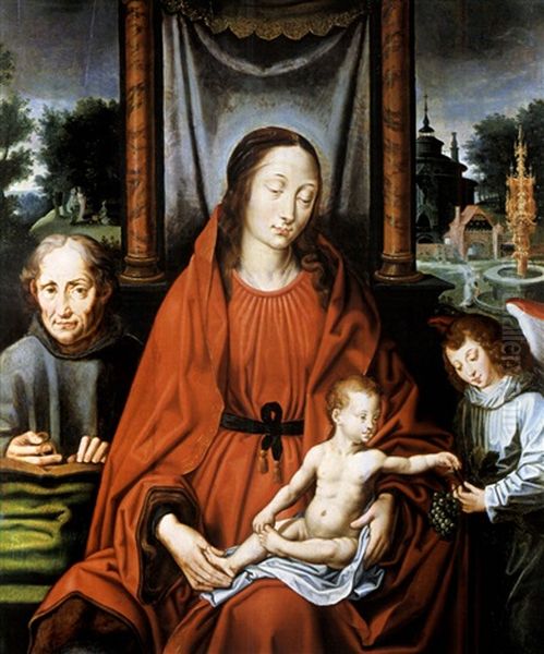 Die Heilige Familie Mit Einem Engel, Der Dem Jesuskind Eine Weintraube Reicht, Links Der Stifter Oil Painting by Joos Van Cleve