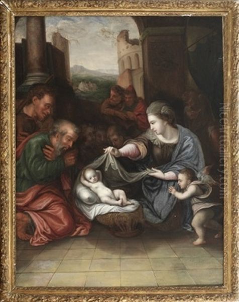 Den Hellige Familie. I Forgrunden Kristus Barnet Hvilende Indsvobt Pa Sit Leje, Ved Hans Side Jomfru Maria, Josef Og Iagttagende Engel Oil Painting by Joos Van Cleve