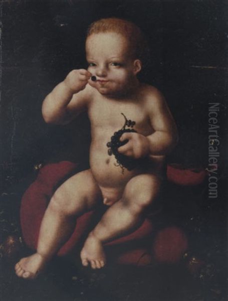 The Infant Christ, Seated On A Red Velvet Cushion, Eating Grapes Oil Painting by Joos Van Cleve