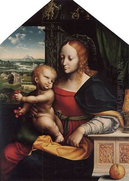 The Madonna Of The Cherries': The Madonna And Child Seated At A Window, The Christ Child Holding Bunches Of Cherries, With A Landscape Beyond Oil Painting by Joos Van Cleve