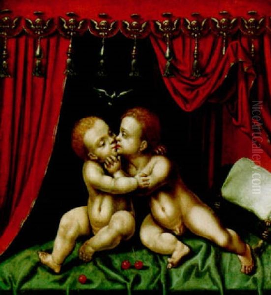 Christ And The Infant Saint John Kissing Oil Painting by Joos Van Cleve