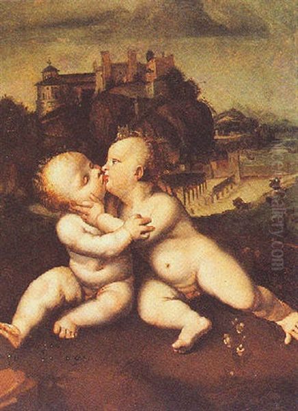 Christ And Saint John Kissing In An Italianate Landscape Oil Painting by Joos Van Cleve