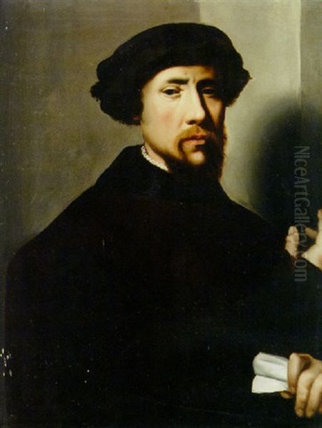 Portrait Of A Bearded Gentleman Wearing A Black Hat And Holding A Letter Oil Painting by Joos Van Cleve