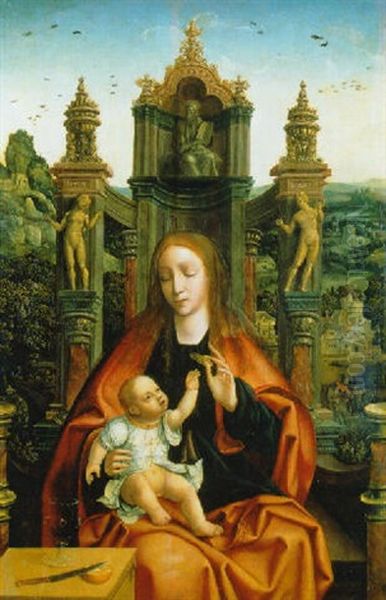 The Virgin And Child In An Ornate Throne Decorated With Sculptures Of Adam And Eve And God The Father Oil Painting by Joos Van Cleve