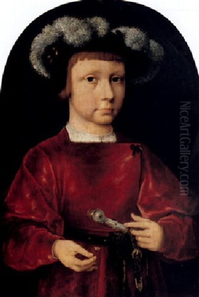 Portrait Of A Young Prince, Half Length, Weraring A Red Doublet And Featherd Cap And Holding A Flower Oil Painting by Joos Van Cleve