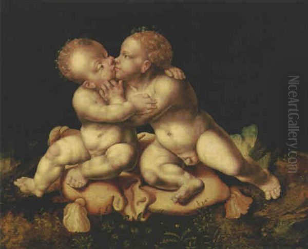 The Christ Child And The Infant Saint John The Baptist Embracing Oil Painting by Joos Van Cleve