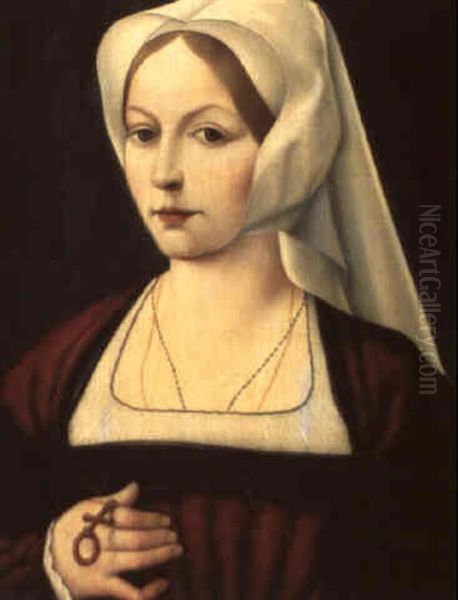 Bildnis Einer Dame In Rotem Kleid Oil Painting by Joos Van Cleve