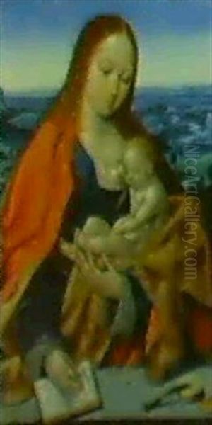 Madonna And Child With A Book Before A Panoramic Landscape Oil Painting by Joos Van Cleve