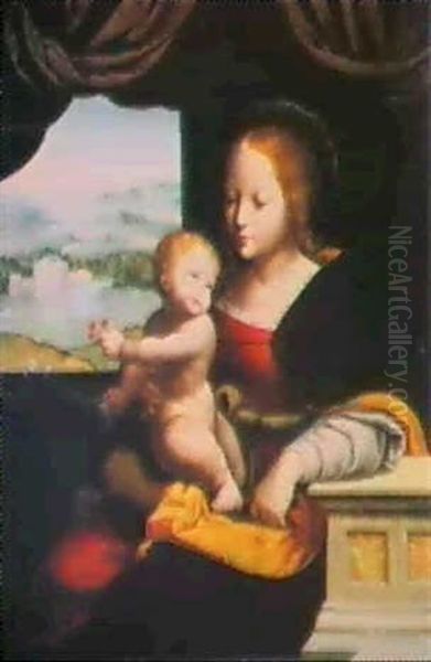 The Madonna And Child At A Casement Before A Window, A      Landscape Beyond Oil Painting by Joos Van Cleve