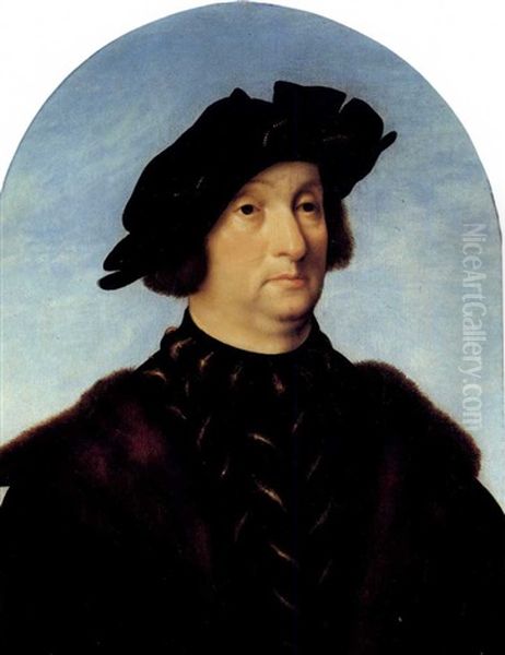 Portrait Of A Gentleman, Bust Length, Wearing A Slashed     Black Doublet, A Black Lined With Brown Fur And A Cap Oil Painting by Joos Van Cleve