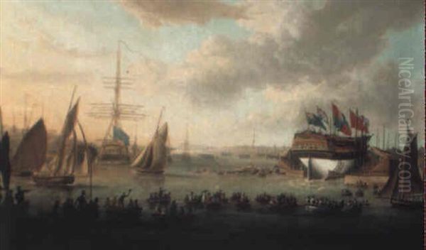 Launching Of A Ship At Chatham Docks Oil Painting by John Cleveley the Younger