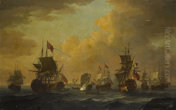 Shipping Off A Coast, With One Flying The Royal Standard, Another With A Vice Admiral Of The Red, Another With A Rear Admiral Of The Blue Oil Painting by John Cleveley