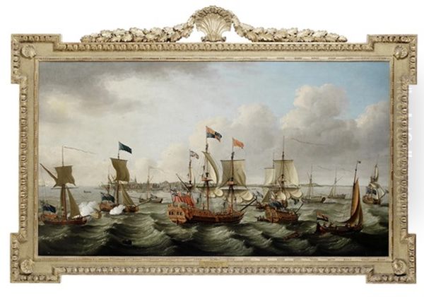 The Flotilla Of Ships, Led By The Royal Charlotte In Company With Five Other Royal Yachts, Arriving Off Harwich On 6 September 1761 Oil Painting by John Cleveley