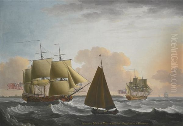 H.m.s. Amazon And H.m.s. Caroline In A Stiff Breeze Off The Nore Oil Painting by John Cleveley