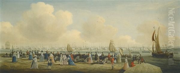 King George Iii Reviewing The Fleet At Spithead, Off Portsmouth Harbour Oil Painting by John Cleveley