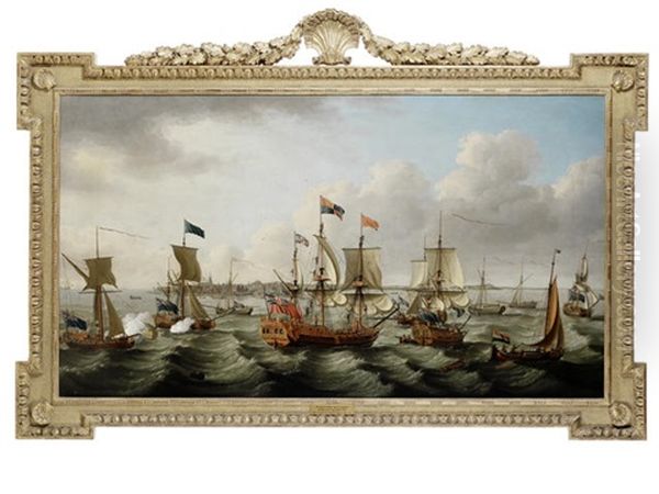 The Flotilla Of Ships, Led By The Royal Charlotte In Company With Five Other Royal Yachts, Arriving Off Harwich On 6th September, After Conveying Princess Charlotte Of Mecklenburg To England For Her Marriage To George Iii Oil Painting by John Cleveley