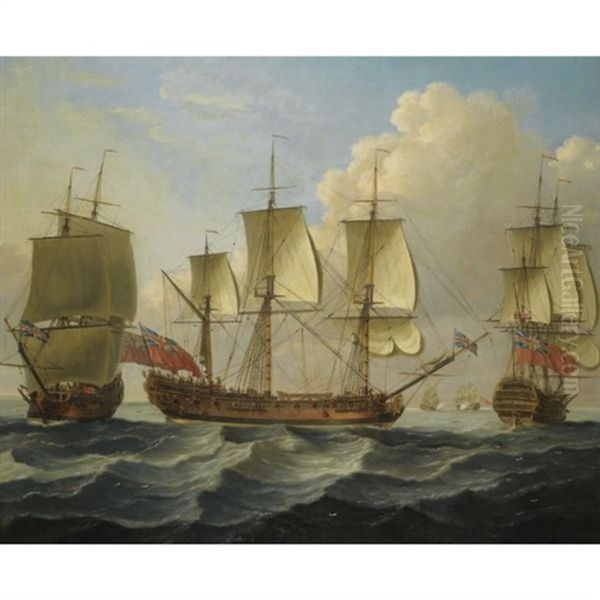 An East Indiaman In Three Positions Oil Painting by John Cleveley