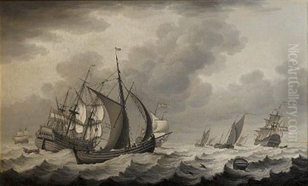 Dutch Merchantmen And Smaller Coastal Craft In A Heavy Swell Oil Painting by John Cleveley