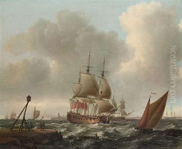 A Flagship Arriving In Port With Other Men-o' War Offshore Oil Painting by John Cleveley