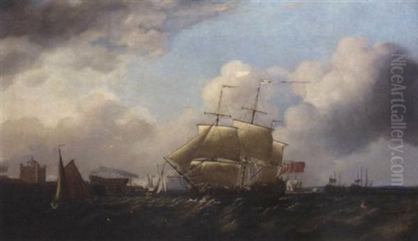 A British Man-o'war Passing Sheerness, With A Large Warship On The Stocks In The Dockyard And Two Vessels Laid Up Offshore Oil Painting by John Cleveley