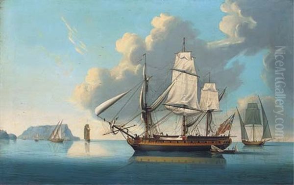 An Armed Merchantman Heaving-to As She Approaches Gibraltar With Smaller Craft Including Xebecs Nearby Oil Painting by Robert Cleveley