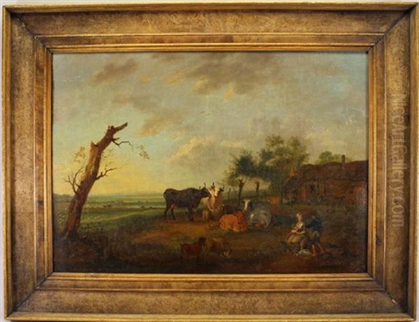 Cattle Outside Of Farmstead Oil Painting by Antoine Clevenbergh