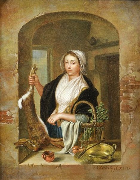 Figure In Window With Basket And Rabbit Oil Painting by Antoine Clevenbergh