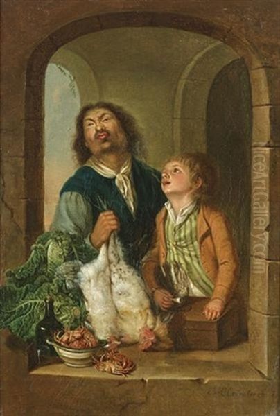 A Man Holding Dead Cockerels With A Young Boy Standing At A Casement With Cabbages And A Dish Of Crabs Oil Painting by Antoine Clevenbergh