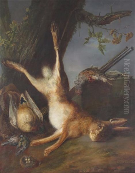 A Hare And Other Dead Game Near A Tree Oil Painting by Charles Antoine Clevenbergh