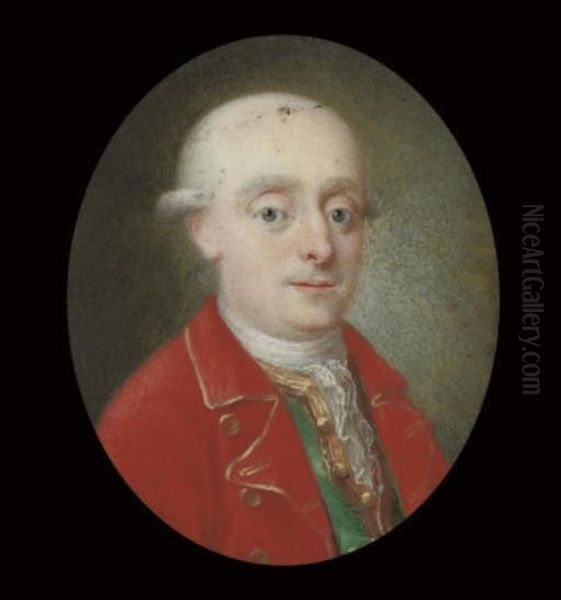 A Gentleman In Scarlet Coat, Gold-bordered Green Waistcoat And Lace Cravat, Powdered Wig En Queue Oil Painting by Wilhelm Andreas