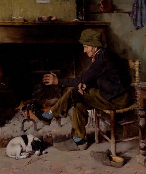 Man With His Dog Before A Hearth Oil Painting by Benjamin West Clinedinst