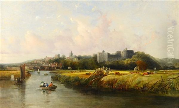 View Of Arundel Castle With Boats On A River, Cattle And Buildings Oil Painting by Alfred Clint