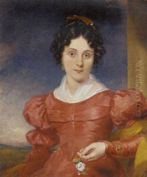 Portrait Of A Lady In A Red Dress With A Pearl Necklace, Jeweled Gold Bracelet And Ring, And A White Rose In Her Hand, By A Column In A Landscape Oil Painting by George Clint