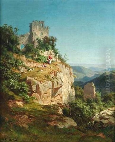 Blick Auf Die Burgruine Reusentstein Im Sonnenschein. Eine Junge Familie Genies Den Ausblick Ins Tal Oil Painting by Gustav Adolf Closs