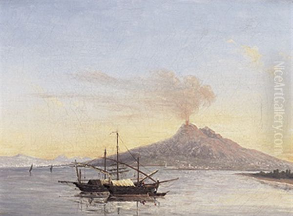 Blick Auf Den Vesuv Und Die Bucht Von Neapel Mit Fischerbooten Auf Der Glatten See. Idyllische Abendstimmung Oil Painting by Francois Gilles Joseph Closson