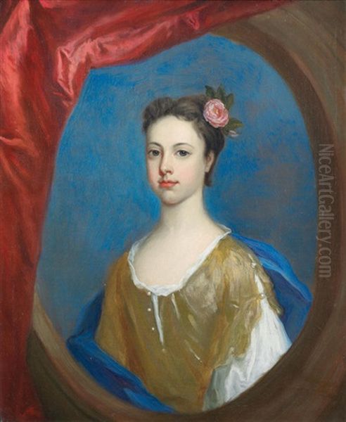 Portrait Of A Girl, Half-length, In A Yellow Dress, Within A Draped Stone Cartouche Oil Painting by John Closterman