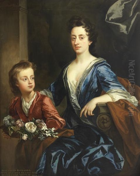 Portrait Of Elizabeth Richards, Three-quarter-length, Seated With Her Son Oil Painting by John Closterman