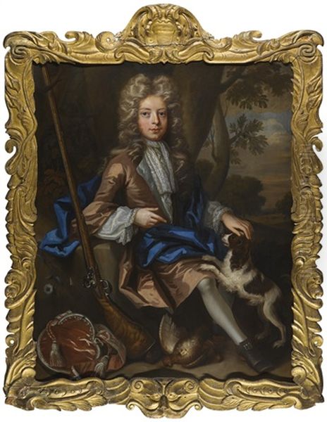 Portrait Of A Boy Seated In A Landscape, With A Spaniel And A Flintlock Oil Painting by John Closterman