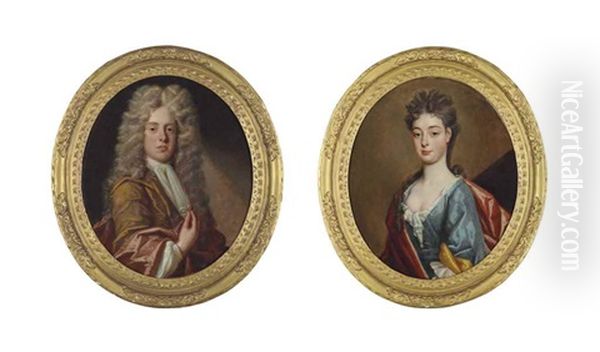 Portrait Of A Gentleman, In An Ochre Coat, With A Red Mantle And Stock; And Portrait Of A Lady, In A Blue Dress With Gold Lining And A Red Wrap (pair) Oil Painting by John Closterman