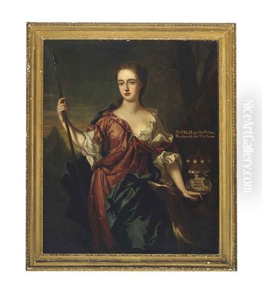 Portrait Of Elizabeth, Lady Fitzwalter,  In The Guise Of Diana, In A Rust Dress And White Chemise, With A Blue Wrap, A Spear In Her Right Hand, With A Hound In A Landscape Oil Painting by John Closterman