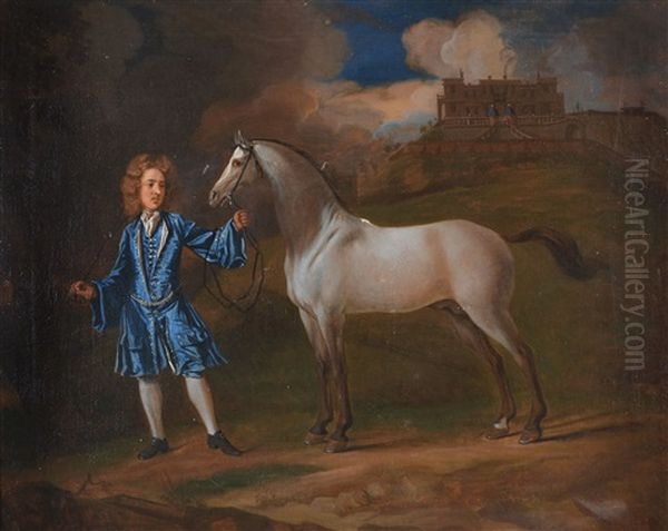 Portrait Of A Gentleman Holding A Grey Horse Oil Painting by John Closterman