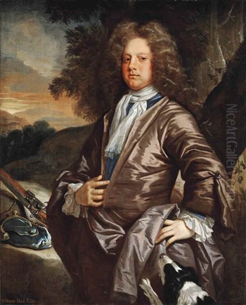 Portrait Of William Paul Of Bray, Berkshire (1673-1711), Three-quarter-length, With His Dog And A Gun Oil Painting by John Closterman